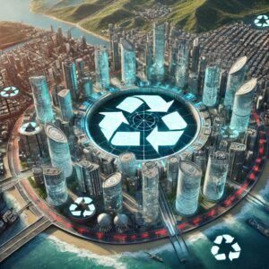 Imagen de una ciudad futurista con el símbolo del reciclaje en el centro