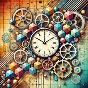 Mecanismo tecnológico con un reloj en el centro representando la obsolescencia programada