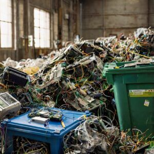 Oficina navarra acumulando dispositivos electrónicos antiguos para reciclaje RAEE en el Día del Medioambiente