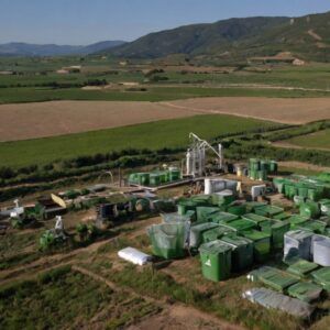 Imagen aérea de una planta de reciclaje de baterías RAEE en Navarra con un entorno verde