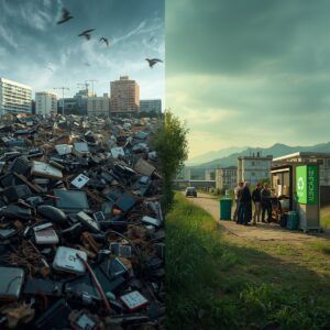 Imagen del Día Mundial de la Reducción de los RAEE que muestra, a la izquierda, un vertedero lleno de residuos electrónicos y, a la derecha, personas reciclando RAEE en un punto limpio de Navarra.»