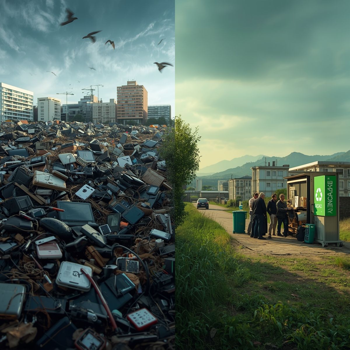 Imagen del Día Mundial de la Reducción de los RAEE que muestra, a la izquierda, un vertedero lleno de residuos electrónicos y, a la derecha, personas reciclando RAEE en un punto limpio de Navarra.»