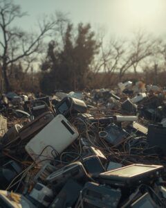 Pila de residuos electrónicos acumulados al aire libre con cables y baterías expuestas, bajo el sol, en un entorno seco y caluroso. Imagen ilustrativa del riesgo de explosiones por calor en el reciclaje de RAEE.