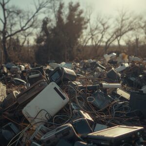 Pila de residuos electrónicos acumulados al aire libre con cables y baterías expuestas, bajo el sol, en un entorno seco y caluroso. Imagen ilustrativa del riesgo de explosiones por calor en el reciclaje de RAEE.