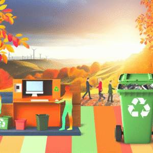 Personas reciclando dispositivos electrónicos en un entorno otoñal con árboles de colores cálidos, contenedores verdes y una oficina sostenible en Navarra.