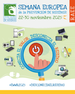 Cartel de la Semana Europea de la Prevención de Residuos 2025 sobre la gestión de residuos electrónicos