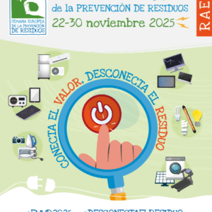 Cartel de la Semana Europea de la Prevención de Residuos 2025 sobre la gestión de residuos electrónicos