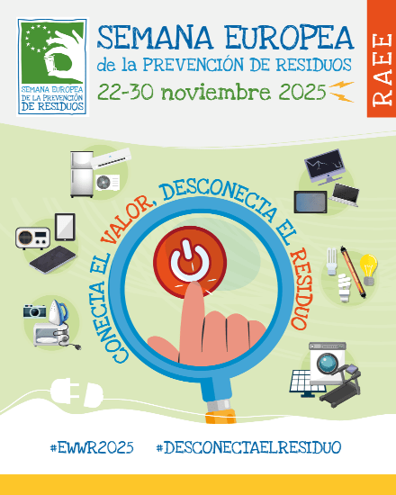 Cartel de la Semana Europea de la Prevención de Residuos 2025 sobre la gestión de residuos electrónicos