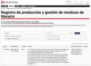 Imagen del Registro de Producción y Gestión de Residuos de Navarra, con una búsqueda de centros autorizados para gestionar RAEE. Se muestra el listado de instalaciones con su NIMA, localidad, procesos autorizados y números de autorización.