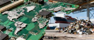 Placa electrónica con forma de mapa del mundo superpuesta a un puerto industrial con un buque portacontenedores y una montaña de residuos electrónicos, imagen que representa la geopolítica del reciclaje de RAEE, la exportación de basura tecnológica, la economía circular y el impacto global de la gestión de residuos electrónicos en Europa y Navarra.
