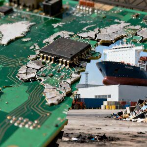 Placa electrónica con forma de mapa del mundo superpuesta a un puerto industrial con un buque portacontenedores y una montaña de residuos electrónicos, imagen que representa la geopolítica del reciclaje de RAEE, la exportación de basura tecnológica, la economía circular y el impacto global de la gestión de residuos electrónicos en Europa y Navarra.