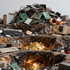 Montón de residuos electrónicos con placas, cables y ordenadores antiguos sobre un terreno excavado que revela materiales valiosos como cobre y oro, imagen que representa la mina urbana y el valor de los RAEE como fuente de materias primas mediante su correcta gestión y reciclaje.