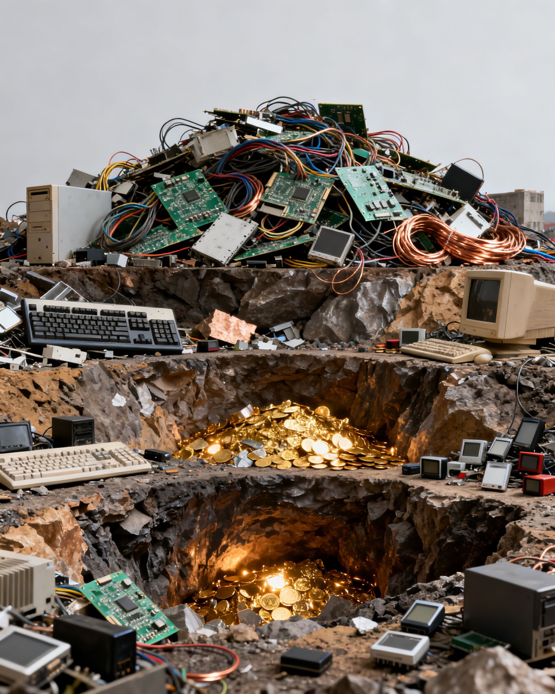 Montón de residuos electrónicos con placas, cables y ordenadores antiguos sobre un terreno excavado que revela materiales valiosos como cobre y oro, imagen que representa la mina urbana y el valor de los RAEE como fuente de materias primas mediante su correcta gestión y reciclaje.