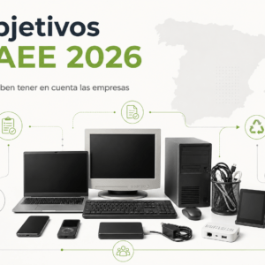 Imagen gráfica con el título “Objetivos RAEE 2026” junto a distintos equipos electrónicos como ordenadores, monitor, móvil, cables y periféricos, representando la gestión de residuos electrónicos, trazabilidad y reciclaje de RAEE en empresas en España