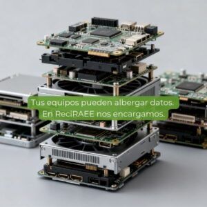 Componentes electrónicos, placas y dispositivos informáticos apilados, imagen que representa la destrucción segura de datos y la gestión de residuos electrónicos (RAEE) en empresas para proteger información confidencial y garantizar su correcta trazabilidad y reciclaje