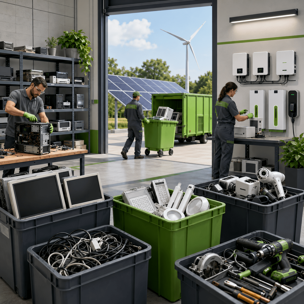 Instalación de gestión de residuos electrónicos con equipos clasificados para reciclaje, personal trabajando en el tratamiento de RAEE y contenedores con aparatos eléctricos retirados durante procesos de renovación energética y mejora de la eficiencia en empresas