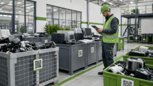 Operario revisando y registrando residuos electrónicos en una planta de gestión de RAEE, con contenedores identificados y equipos informáticos clasificados, imagen que representa la trazabilidad, el control documental y la gestión autorizada de residuos electrónicos en empresas.