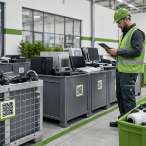 Operario revisando y registrando residuos electrónicos en una planta de gestión de RAEE, con contenedores identificados y equipos informáticos clasificados, imagen que representa la trazabilidad, el control documental y la gestión autorizada de residuos electrónicos en empresas.