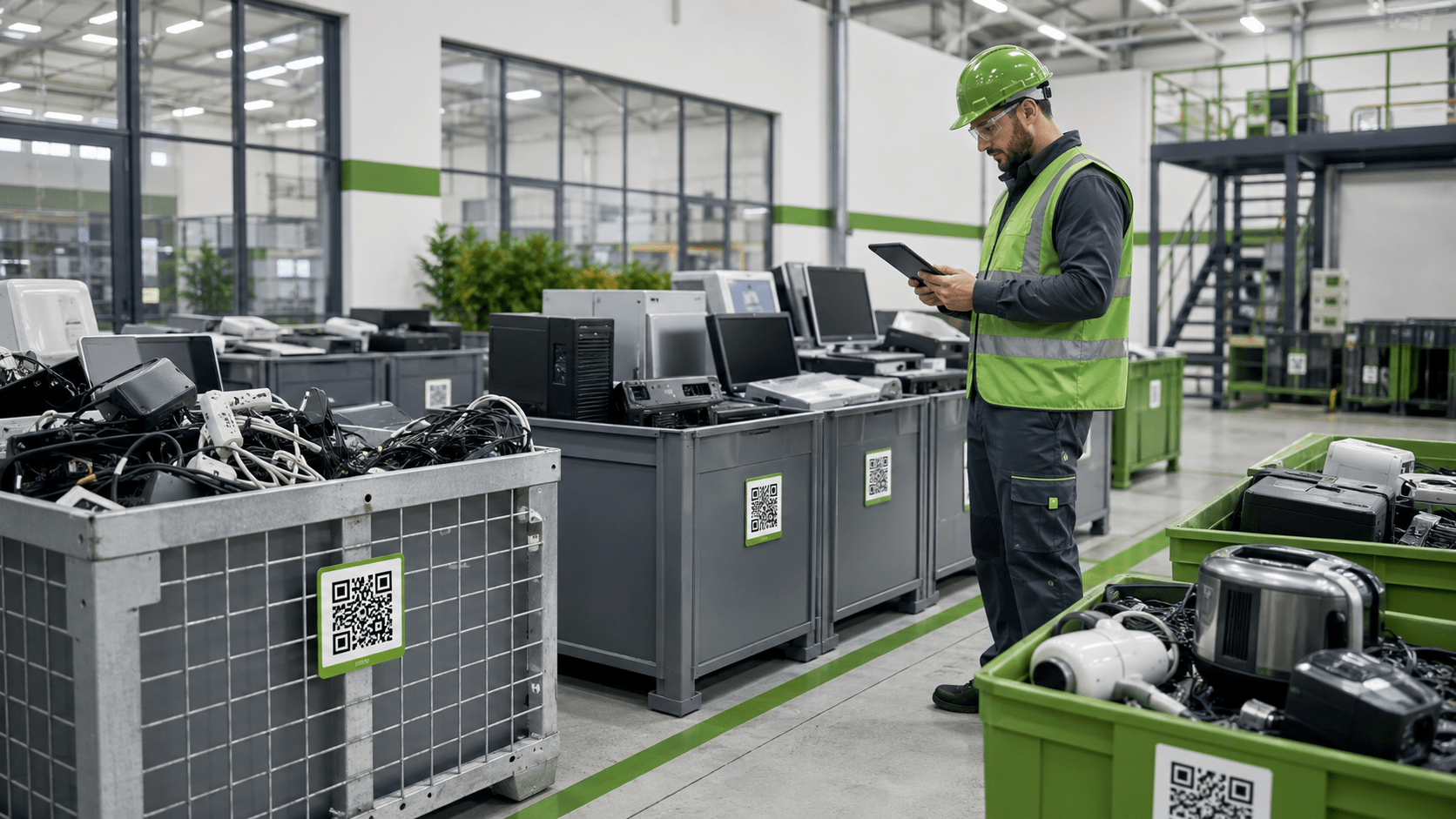 Operario revisando y registrando residuos electrónicos en una planta de gestión de RAEE, con contenedores identificados y equipos informáticos clasificados, imagen que representa la trazabilidad, el control documental y la gestión autorizada de residuos electrónicos en empresas.