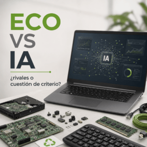 Imagen sobre ECO vs IA con un portátil mostrando inteligencia artificial y varios componentes electrónicos sobre una mesa, que representa la relación entre sostenibilidad digital, uso responsable de la IA, residuos electrónicos y gestión de RAEE en empresas.