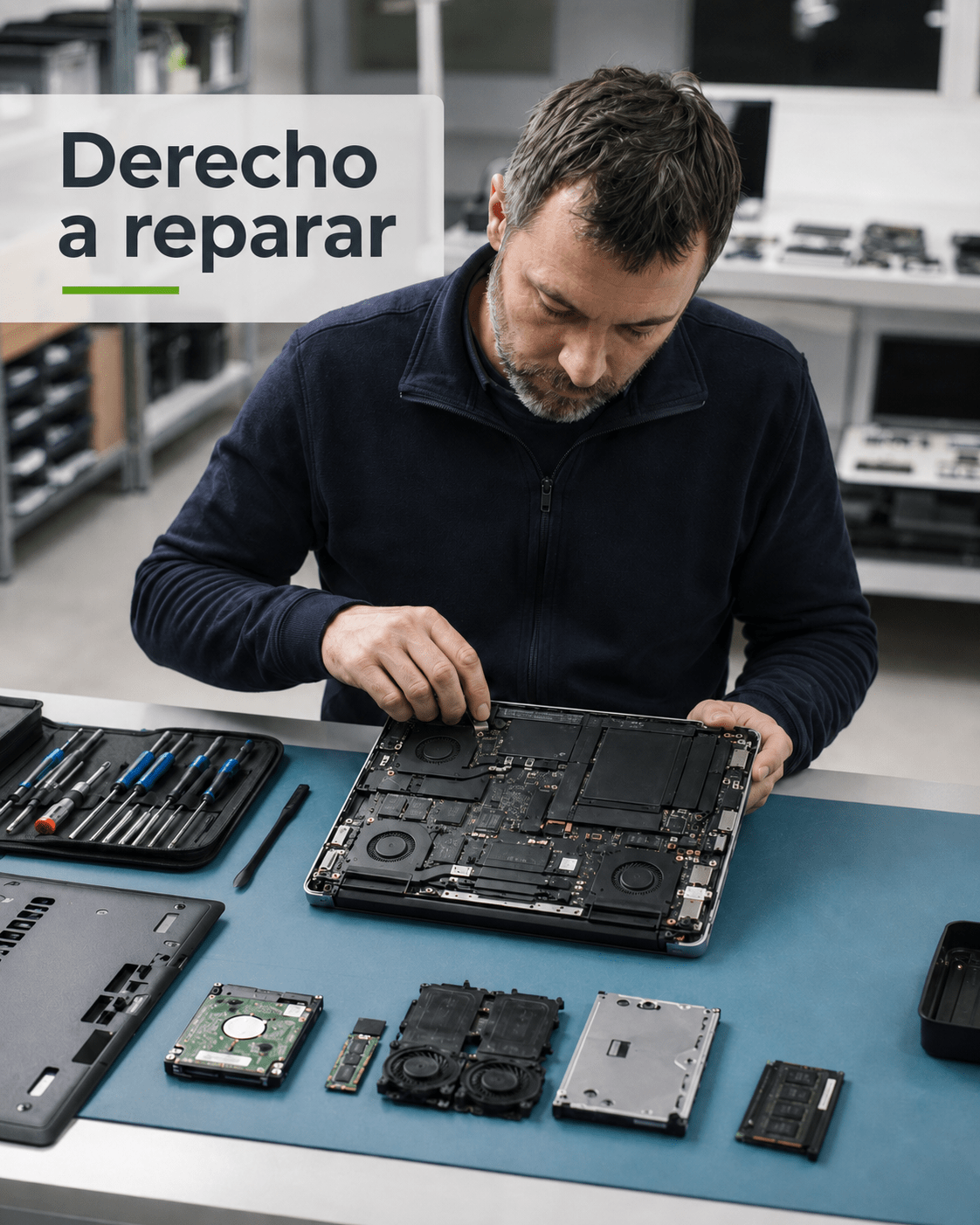 Técnico reparando el interior de un ordenador portátil en un banco de trabajo, ilustrando el derecho a reparar, la prolongación de la vida útil de los equipos electrónicos y su relación con la gestión responsable de los RAEE