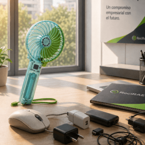 Miniventilador USB junto a pequeños dispositivos electrónicos, cargadores, auriculares y un ratón sobre una mesa de oficina, como ejemplos de pequeños RAEE