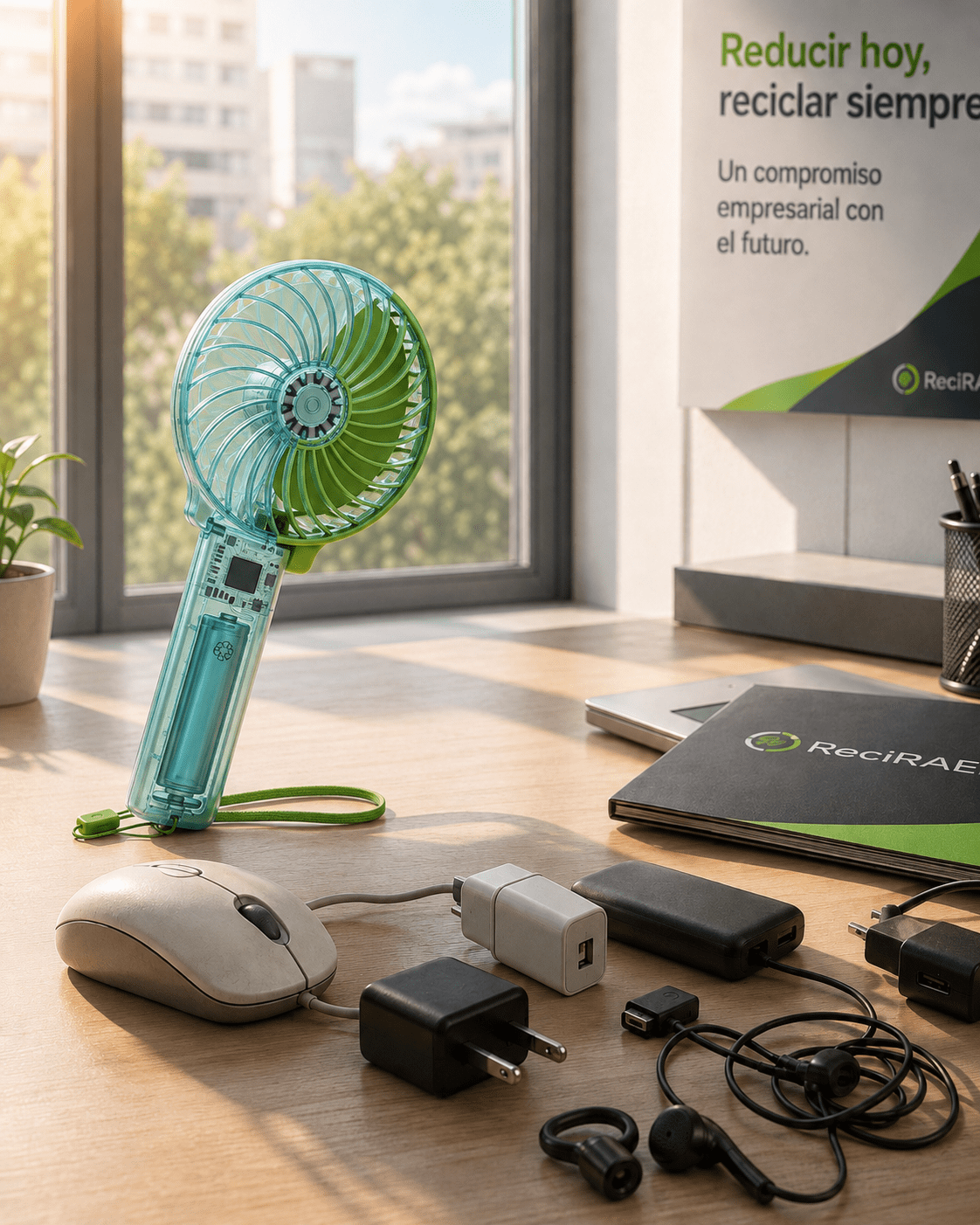 Miniventilador USB junto a pequeños dispositivos electrónicos, cargadores, auriculares y un ratón sobre una mesa de oficina, como ejemplos de pequeños RAEE