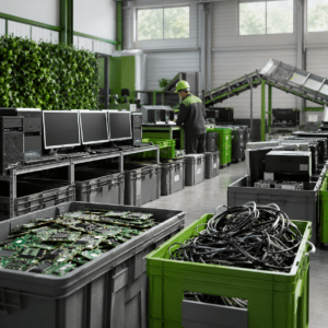 Gestor RAEE autorizado en planta de tratamiento de residuos electrónicos con ordenadores, monitores, placas de circuitos y cables