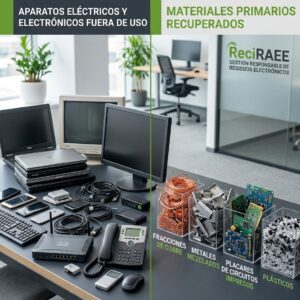 Aparatos eléctricos y electrónicos fuera de uso, como ordenadores, monitores, teléfonos y cables, junto a materiales recuperados de su reciclaje: cobre, metales, placas de circuitos impresos y plásticos