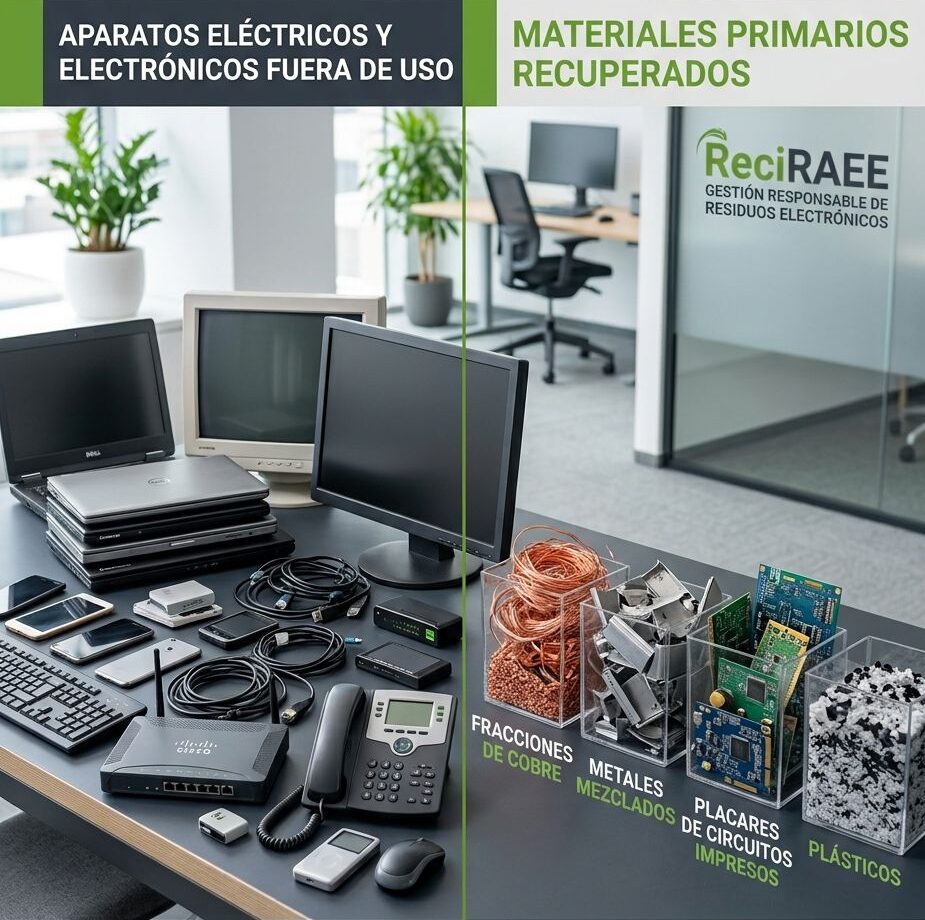 Aparatos eléctricos y electrónicos fuera de uso, como ordenadores, monitores, teléfonos y cables, junto a materiales recuperados de su reciclaje: cobre, metales, placas de circuitos impresos y plásticos