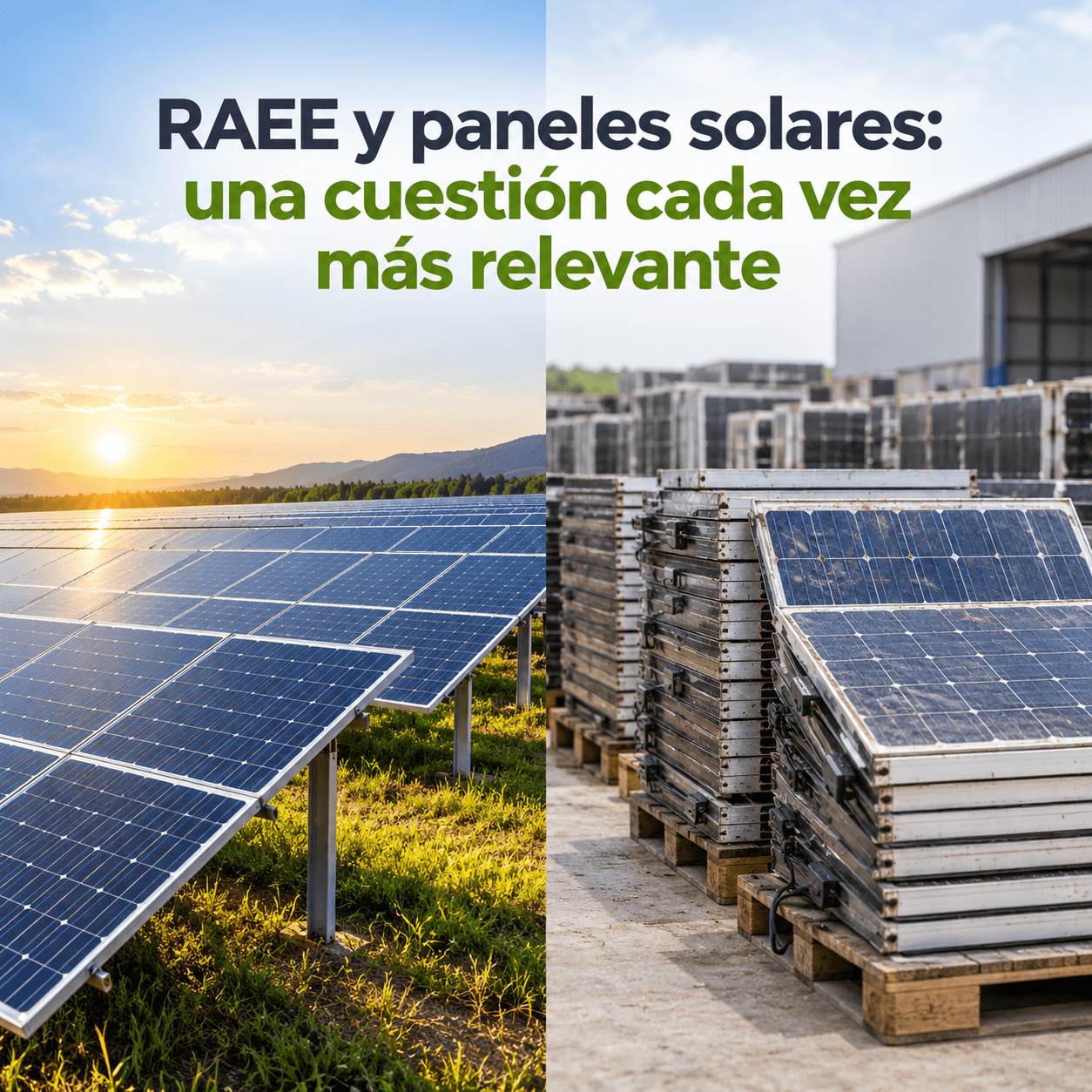 Comparativa de paneles solares fotovoltaicos en funcionamiento y paneles fuera de uso apilados para su reciclaje como RAEE, ante las exigencias de la normativa europea de residuos electrónicos en España.